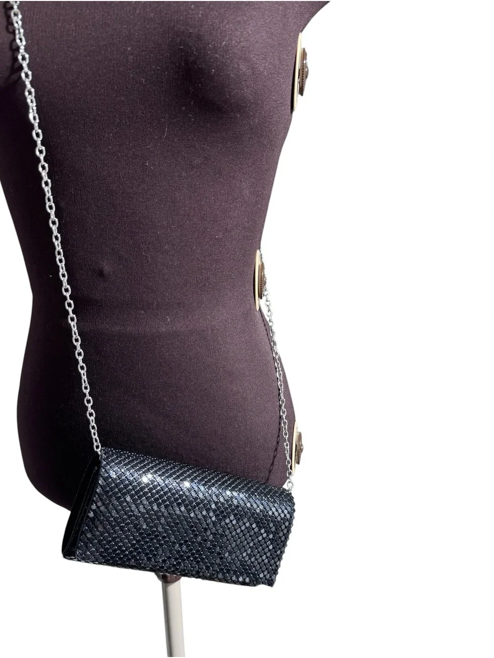 Jessica McClintock Black Sequin Evening Clutch Purse Silver Chain Strap